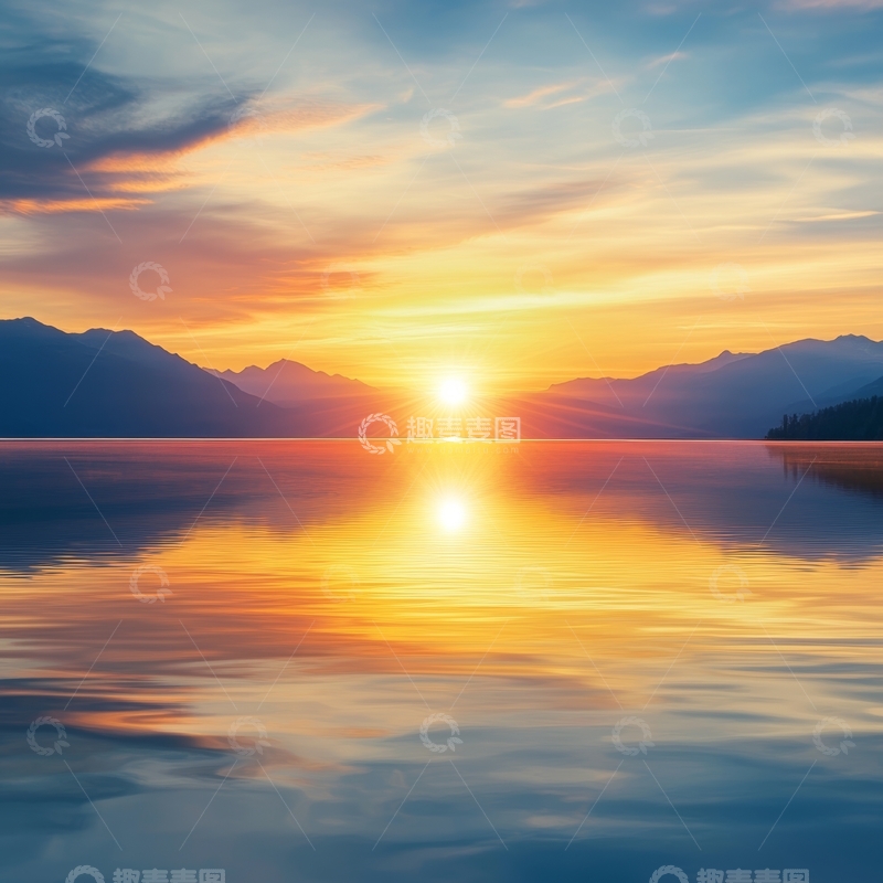 高清大图下载【趣麦麦图】湖面夕阳映照山峦