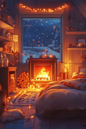 温馨冬夜，炉火旁的宁静小屋