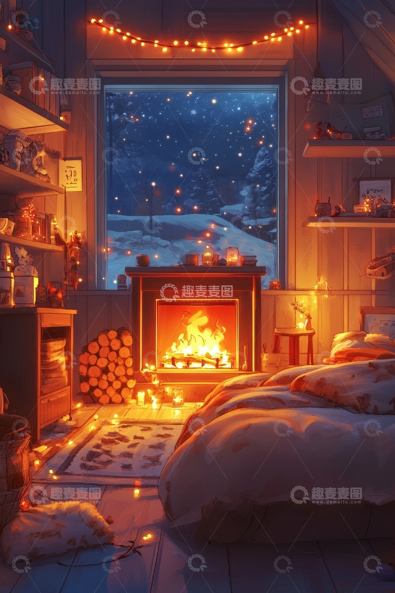 高清大图下载【趣麦麦图】温馨冬夜，炉火旁的宁静小屋
