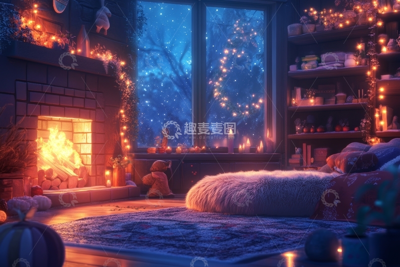 高清大图下载【趣麦麦图】温馨室内夜景，炉火与窗外雪景