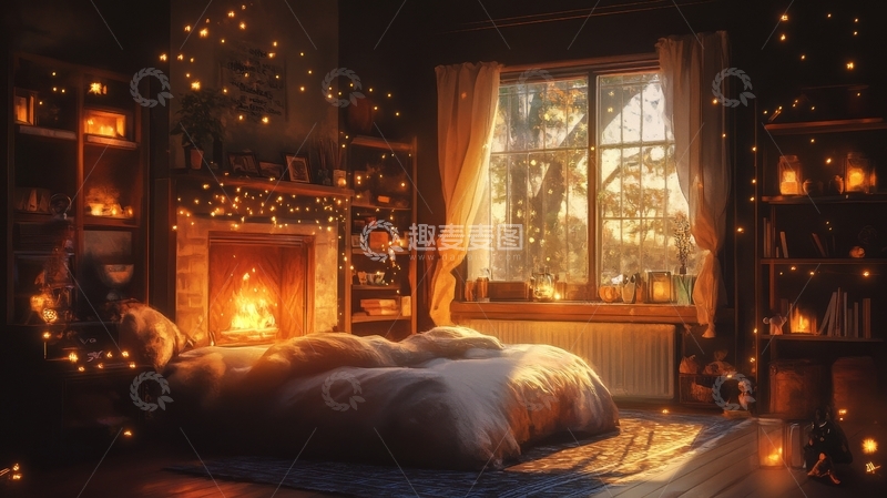 高清大图下载【趣麦麦图】温馨卧室，炉火与窗景