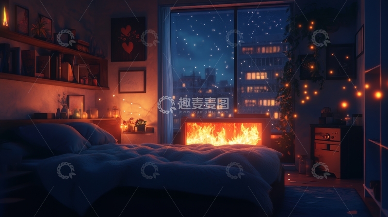 高清大图下载【趣麦麦图】温馨卧室夜景，壁炉映照星空