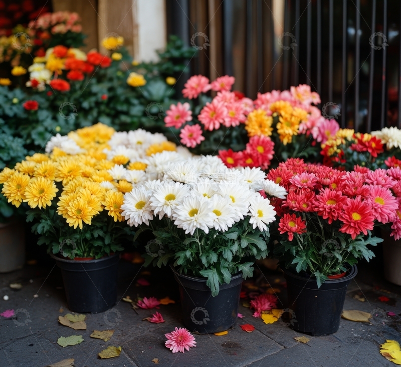 高清大图下载【趣麦麦图】-色彩斑斓的菊花盆栽展示