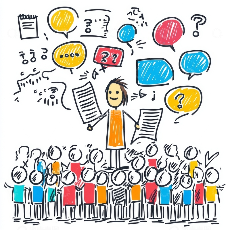 高清大图下载【趣麦麦图】演讲者面对听众，周围充满疑问和讨论