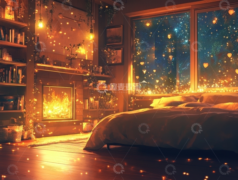 高清大图下载【趣麦麦图】温馨卧室夜景，窗外星光点点