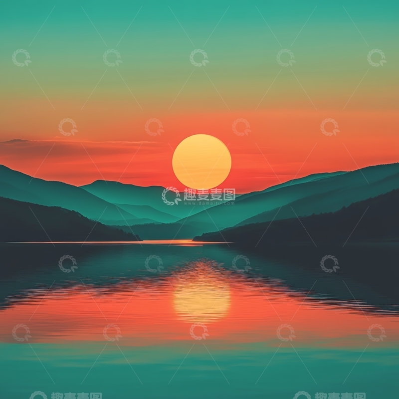 高清大图下载【趣麦麦图】湖畔日落，山影倒映