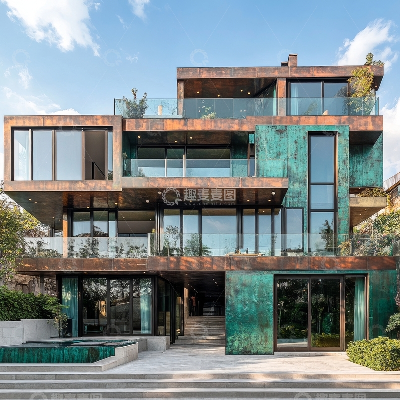 高清大图下载【趣麦麦图】现代多层住宅，玻璃与铜绿外墙设计