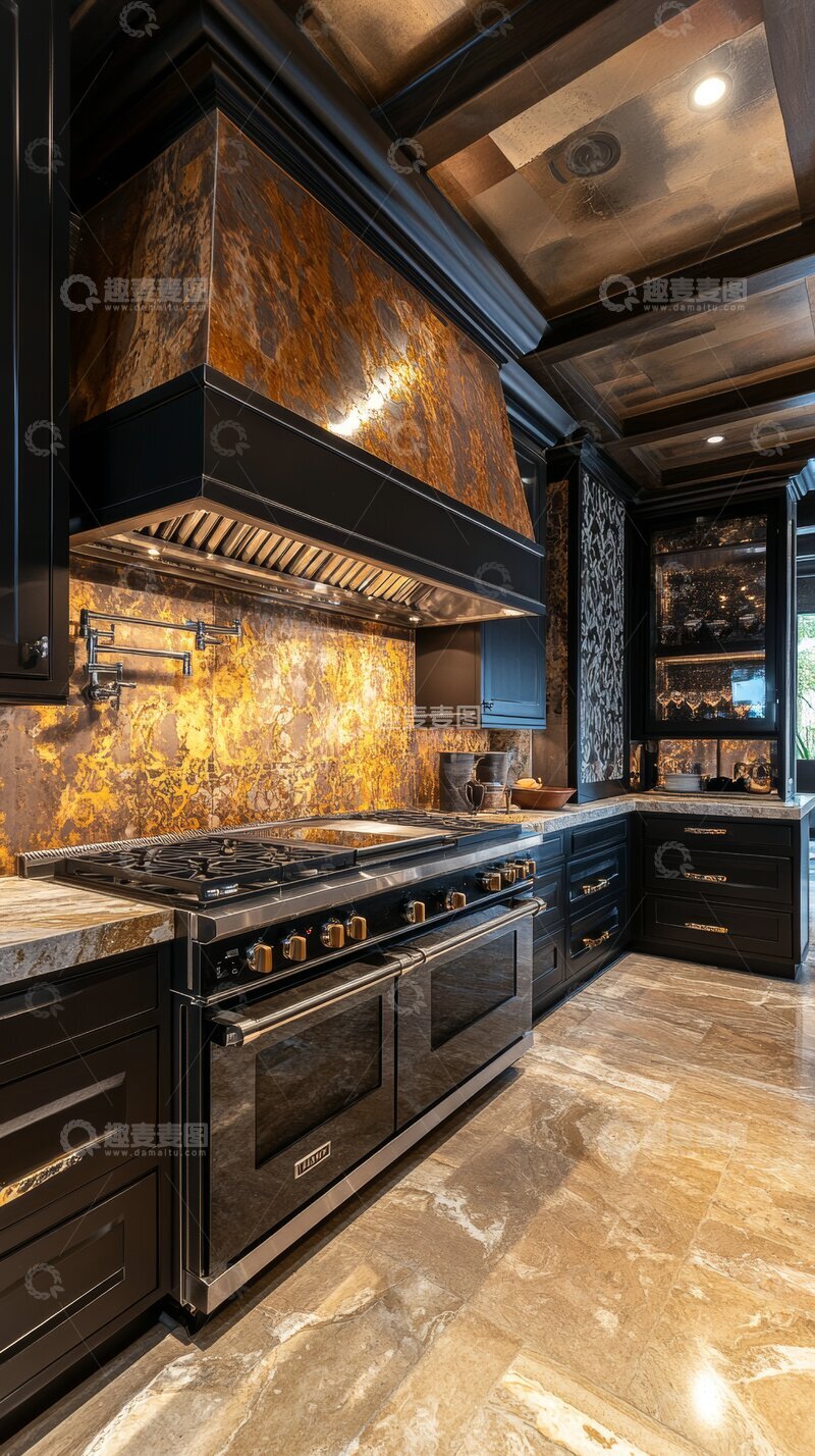 高清大图下载【趣麦麦图】豪华厨房设计，铜色装饰与大理石地板