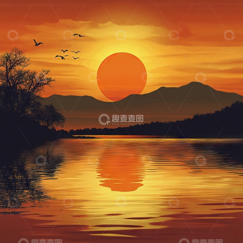 高清大图下载【趣麦麦图】夕阳映照湖面，群鸟飞过山峦