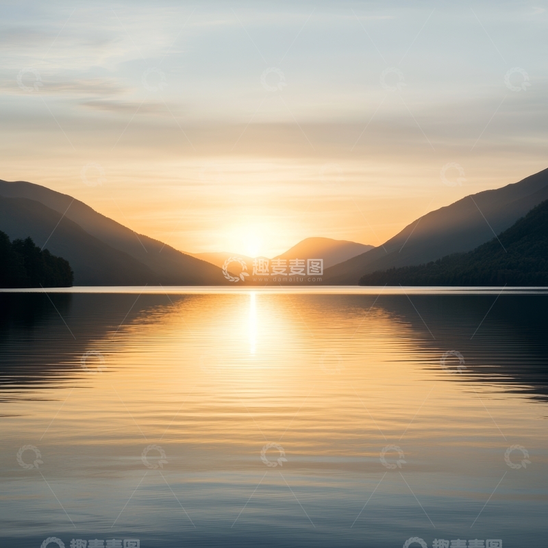 高清大图下载【趣麦麦图】湖面夕阳，山峦倒影