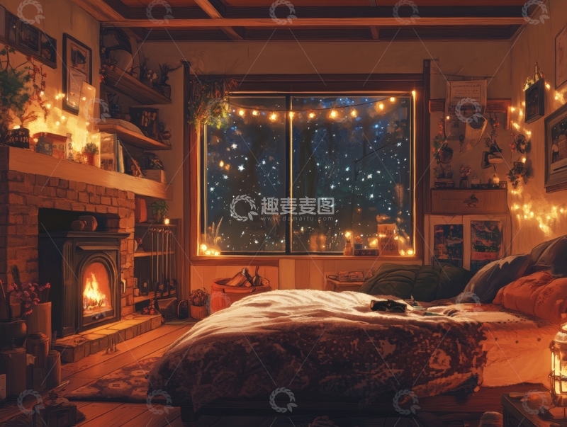 高清大图下载【趣麦麦图】温馨卧室夜景，窗外星光闪烁