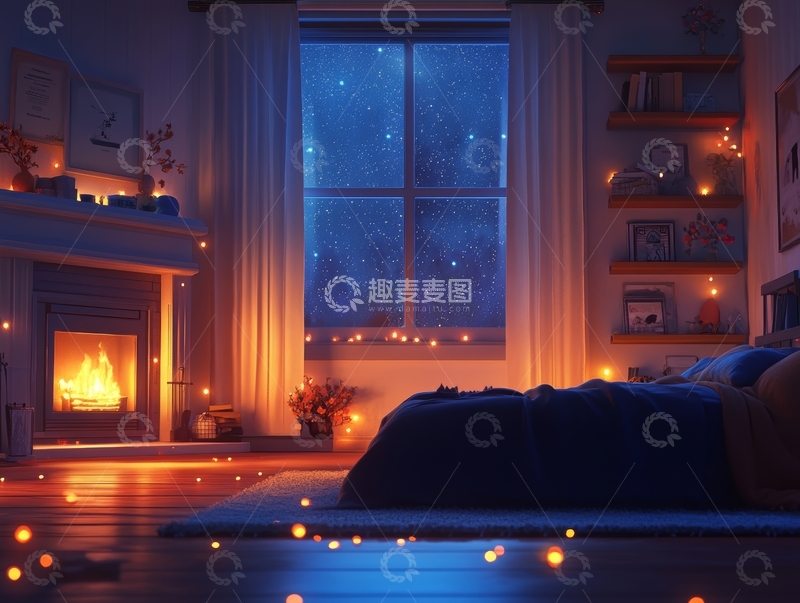 高清大图下载【趣麦麦图】温馨卧室夜景，炉火与星空相伴
