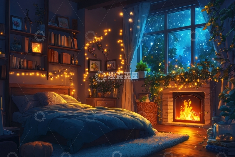 高清大图下载【趣麦麦图】温馨卧室夜景，炉火与星空