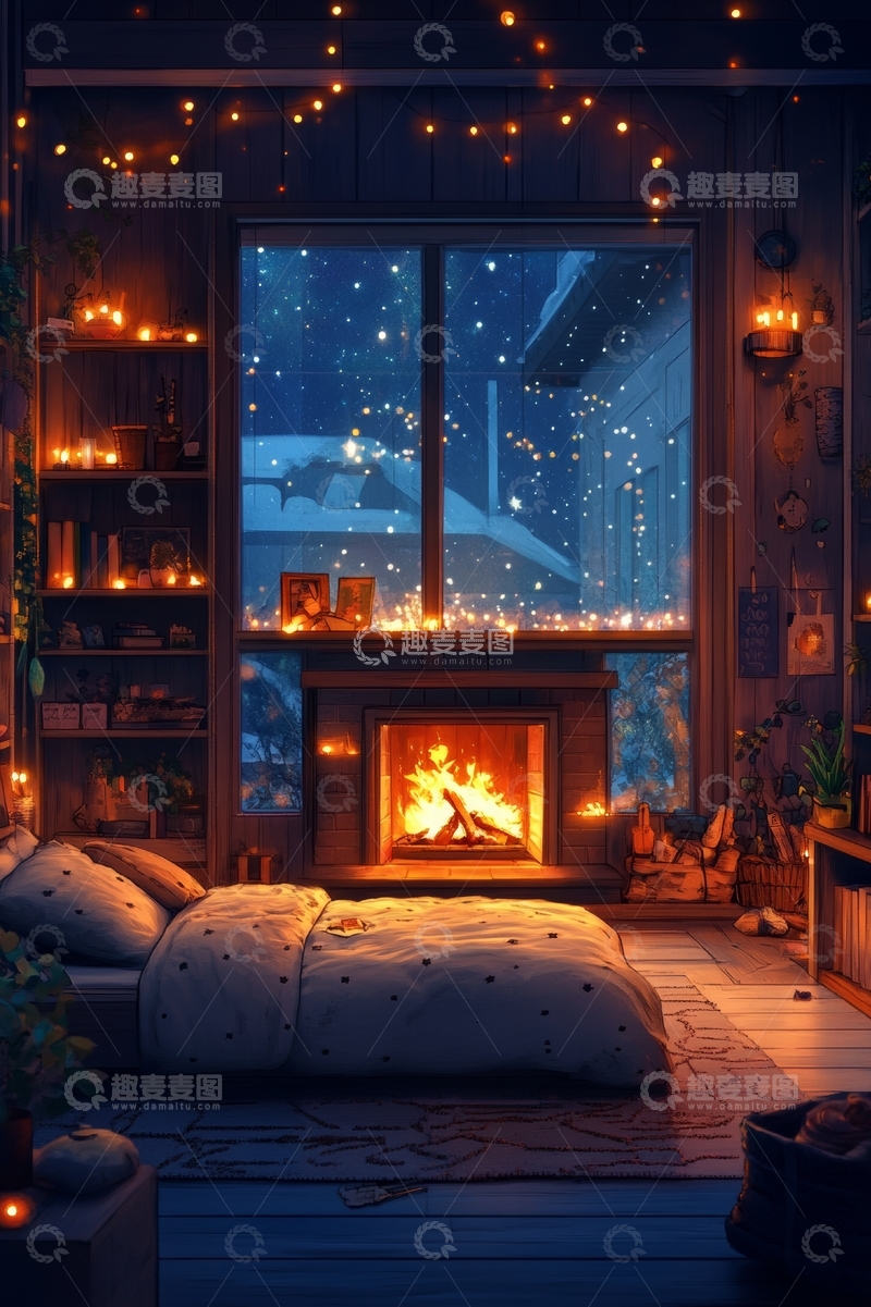 高清大图下载【趣麦麦图】温馨卧室夜景，壁炉与星空