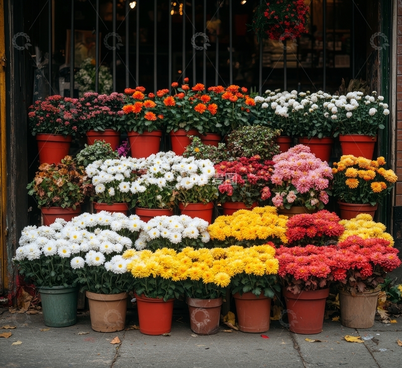 高清大图下载【趣麦麦图】花店门前色彩斑斓的盆栽花卉