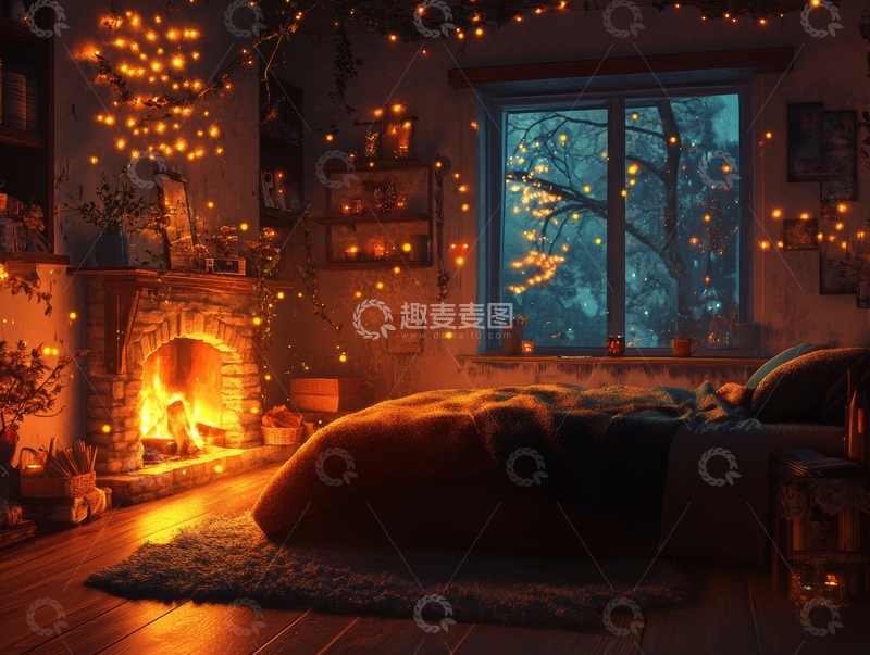 高清大图下载【趣麦麦图】温馨卧室夜景，炉火与窗外星空
