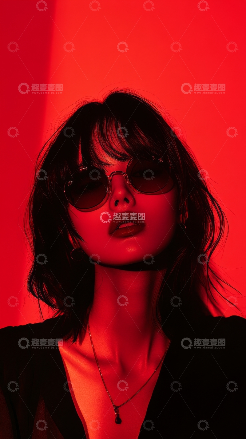 高清大图下载【趣麦麦图】红光下的时尚女性肖像