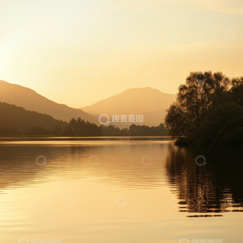 高清大图下载【趣麦麦图】湖畔日落，山影朦胧