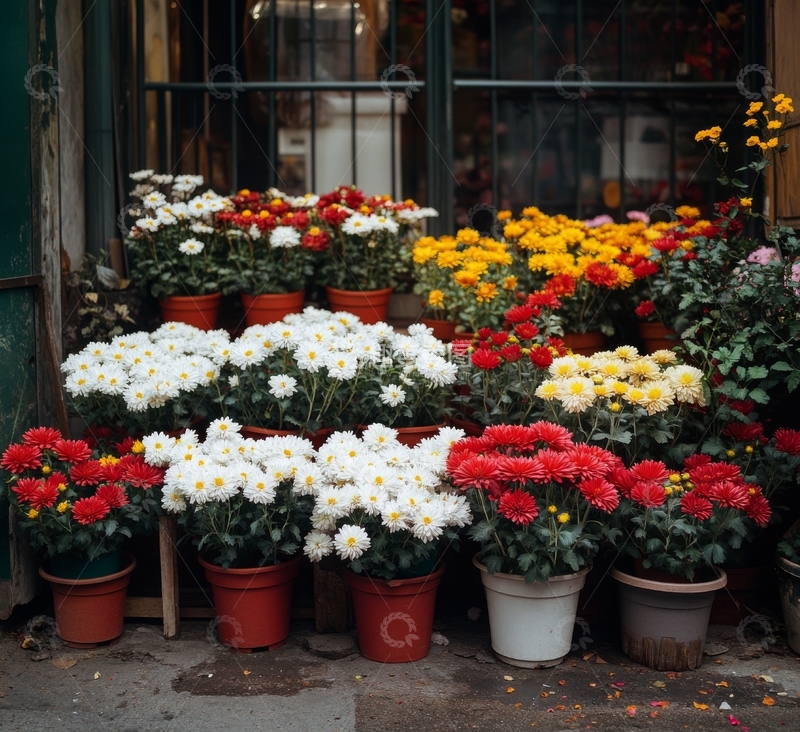 高清大图下载【趣麦麦图】花店门口摆放的各色菊花