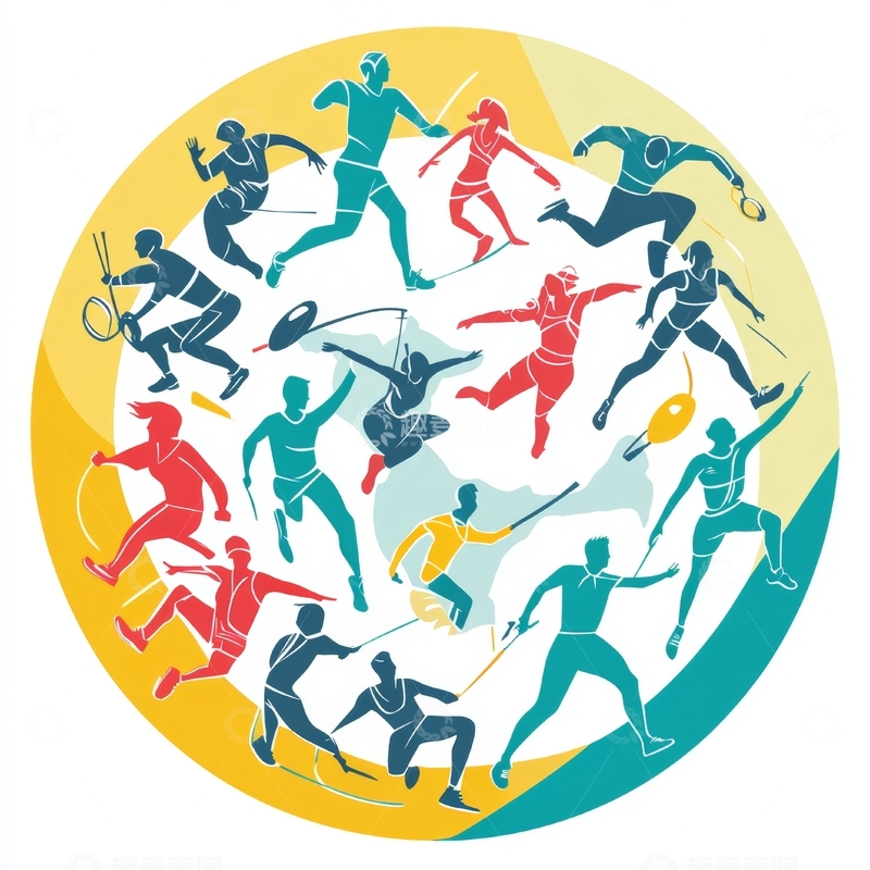 高清大图下载【趣麦麦图】多彩圆形图案中的运动人物