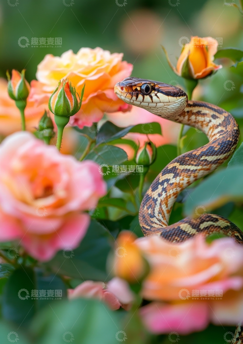 蛇在玫瑰花丛中蜿蜒