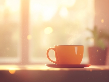 窗边的橙色咖啡杯