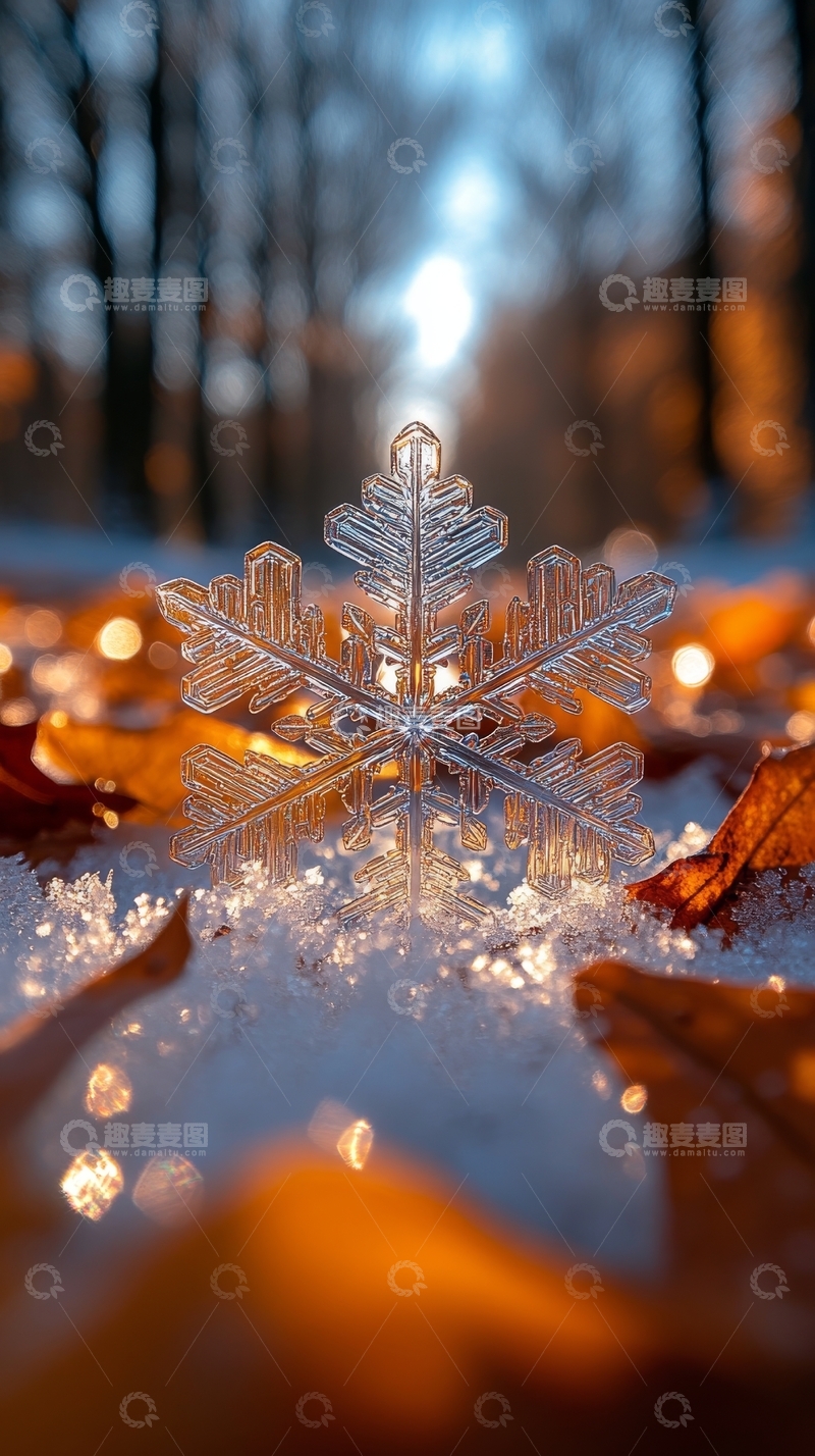 高清大图下载【趣麦麦图】雪地中的水晶雪花与落叶