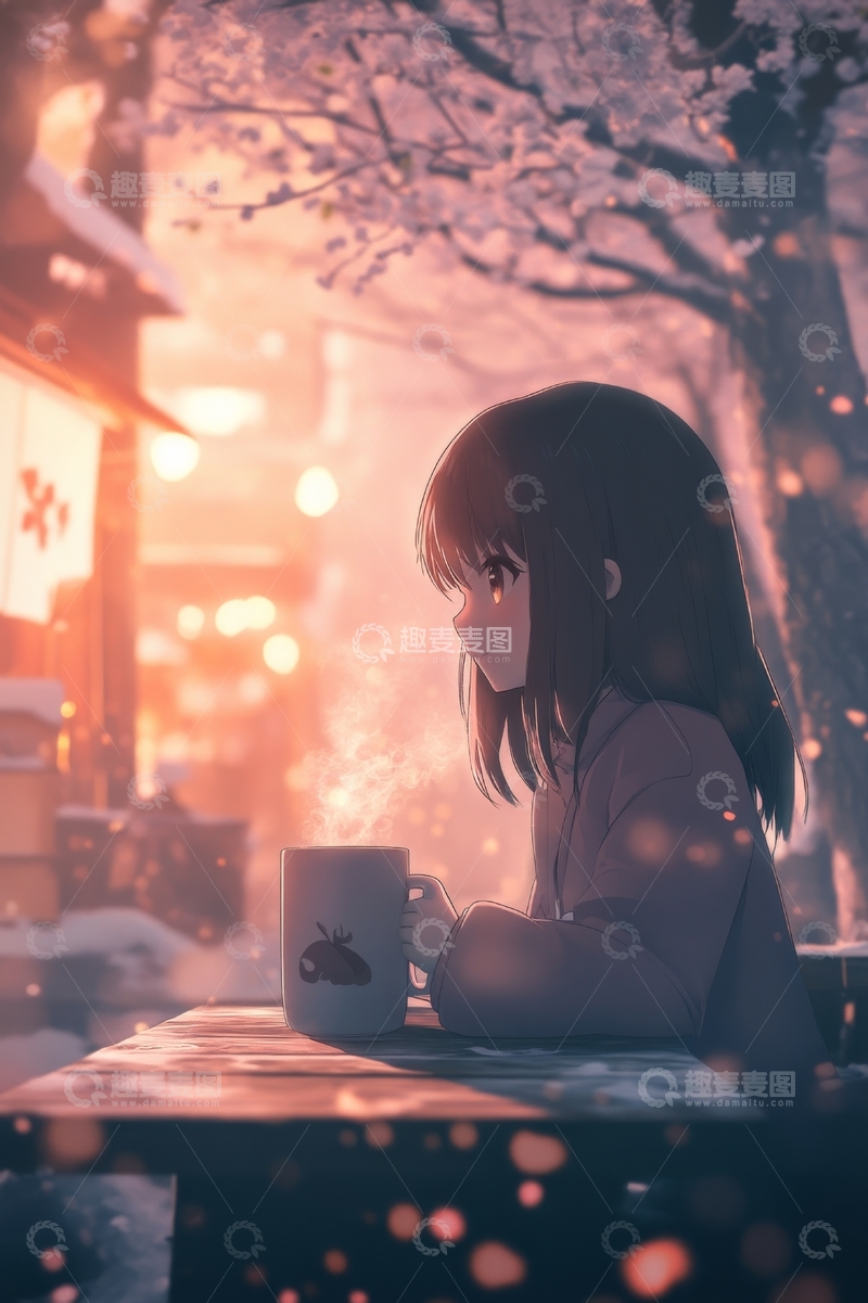 高清大图下载【趣麦麦图】樱花树下独自品茗的女孩