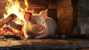 小猪在壁炉前温暖休息