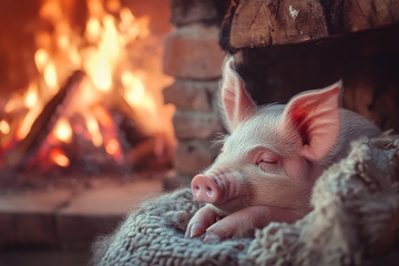 小猪在壁炉旁温暖地睡觉