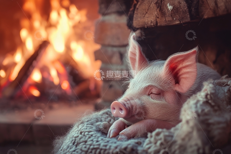 高清大图下载【趣麦麦图】小猪在壁炉旁温暖地睡觉