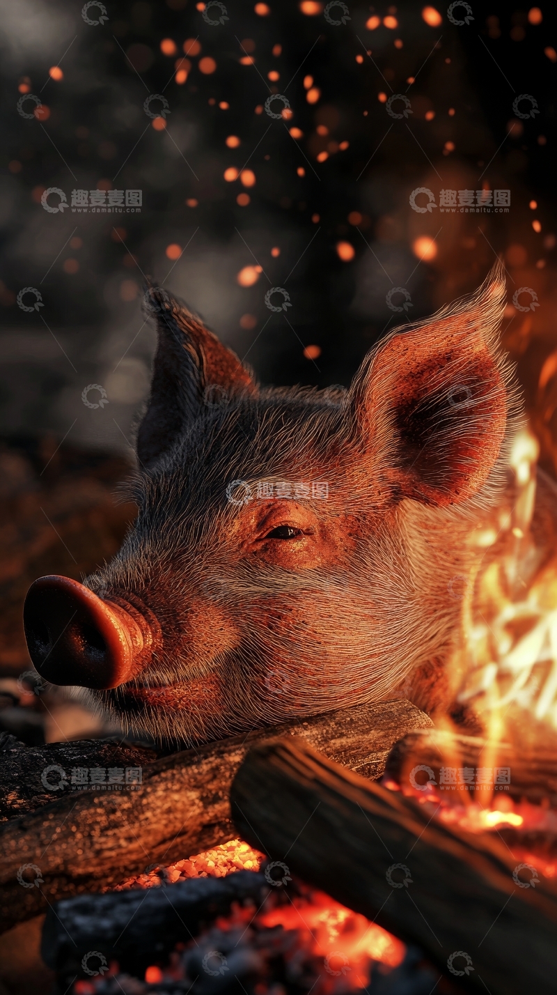 高清大图下载【趣麦麦图】野猪靠近篝火，温暖的夜晚场景