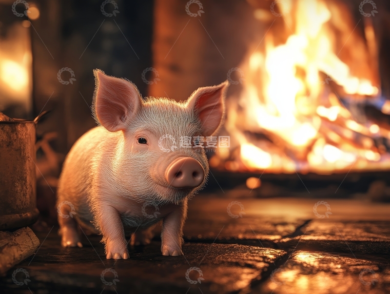 高清大图下载【趣麦麦图】-小猪在温暖的炉火前