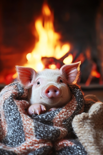 小猪裹着毛毯在壁炉前