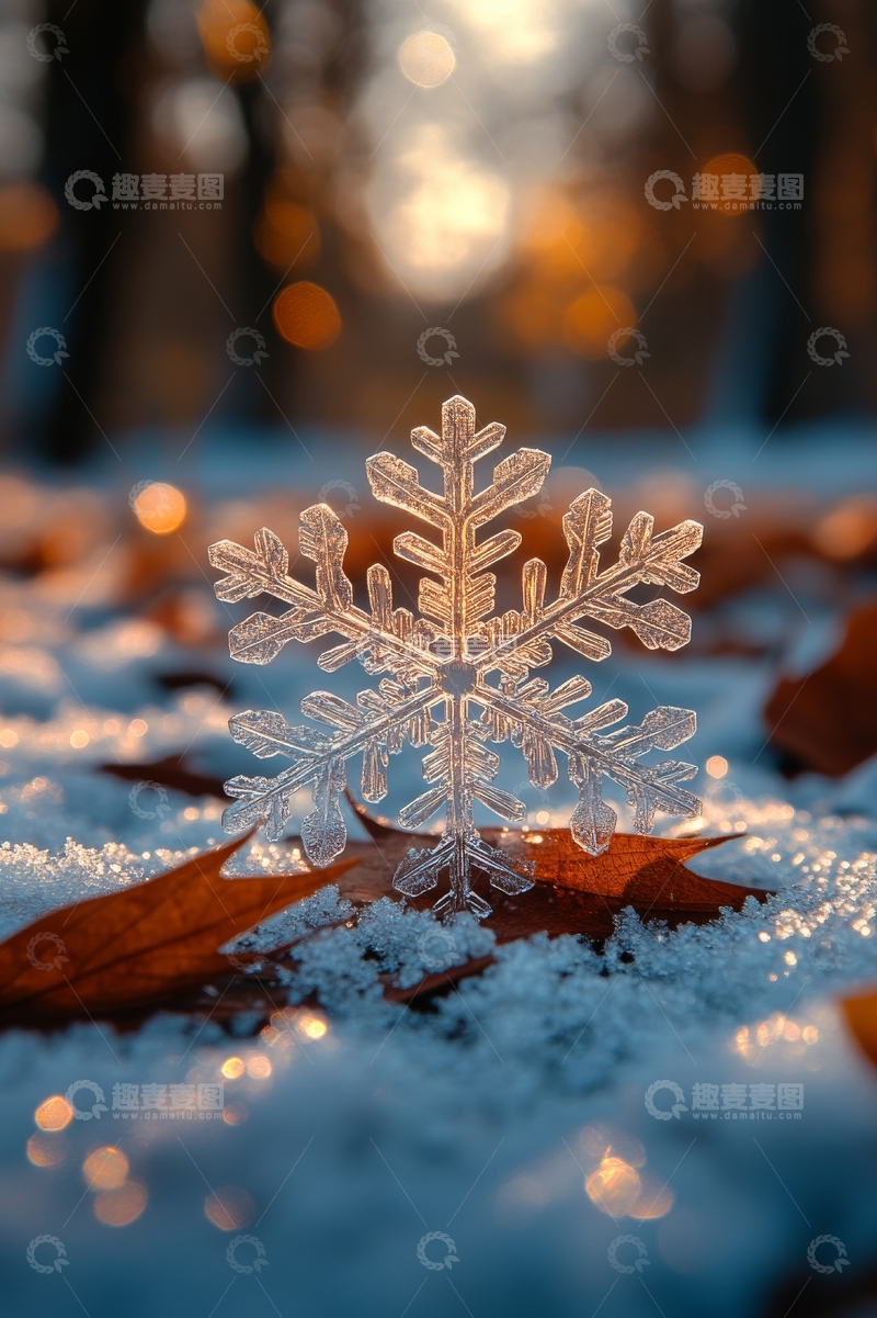 高清大图下载【趣麦麦图】雪地上的透明雪花与落叶