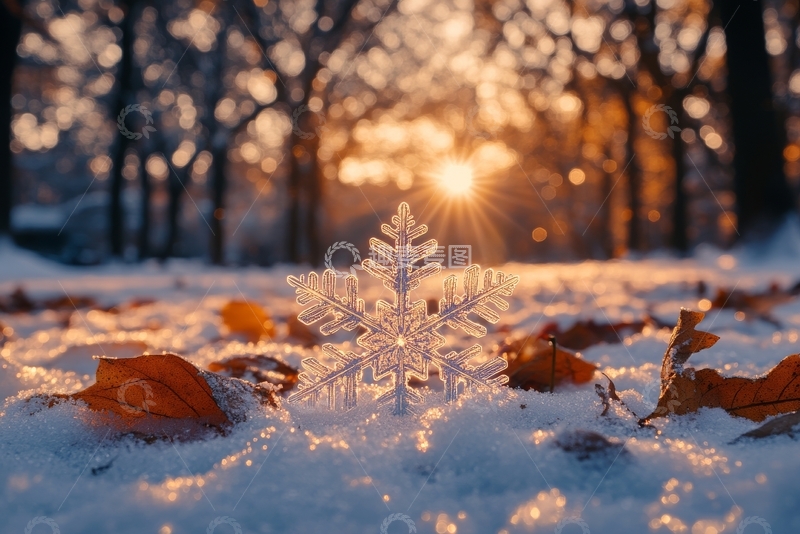 高清大图下载【趣麦麦图】雪地上的雪花与落叶，夕阳映照