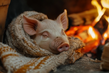 小猪裹着毛毯在火炉旁安睡