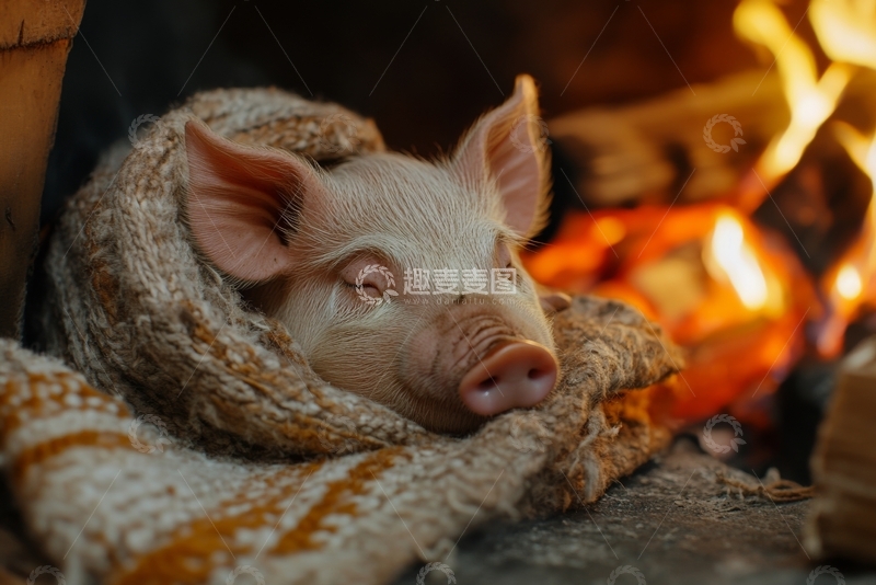 高清大图下载【趣麦麦图】小猪裹着毛毯在火炉旁安睡