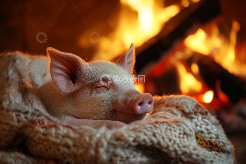 高清大图下载【趣麦麦图】小猪在壁炉旁温暖的毯子上睡觉