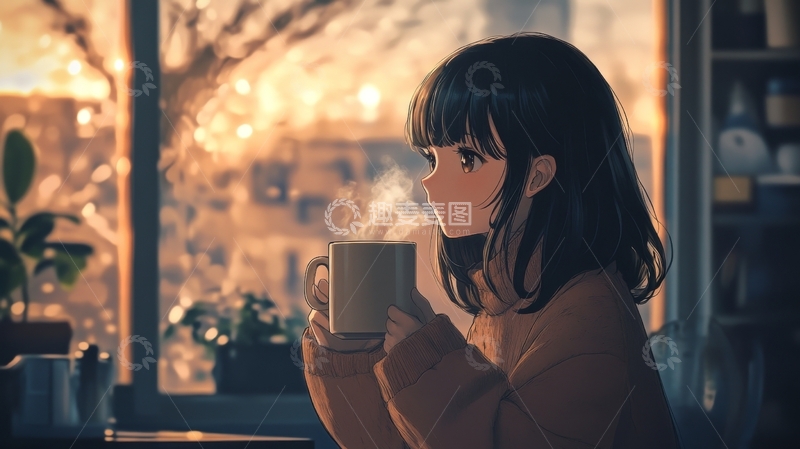 高清大图下载【趣麦麦图】窗边女孩手捧热饮，温馨室内氛围