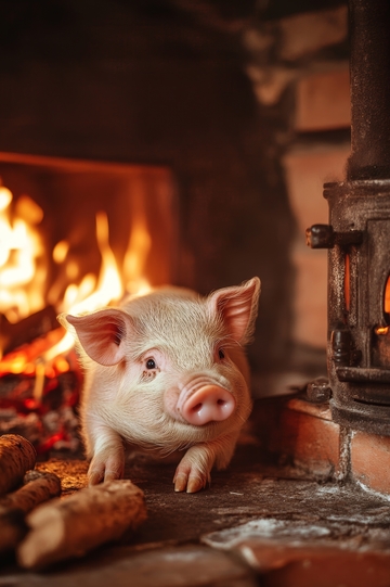 小猪在温暖的壁炉旁