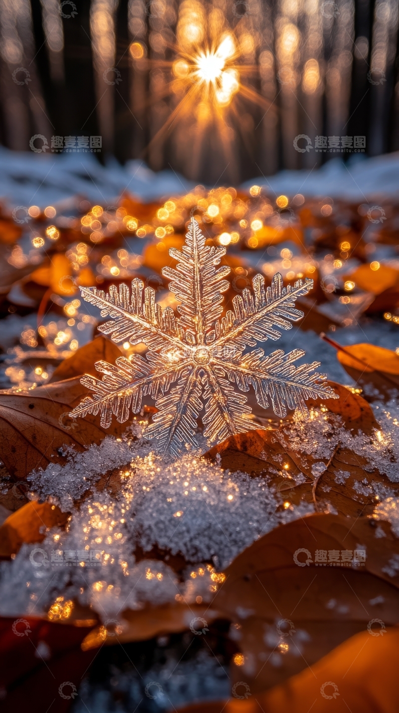 高清大图下载【趣麦麦图】冬日雪晶与落叶的温暖阳光