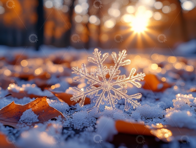 高清大图下载【趣麦麦图】雪地上的雪花与落叶