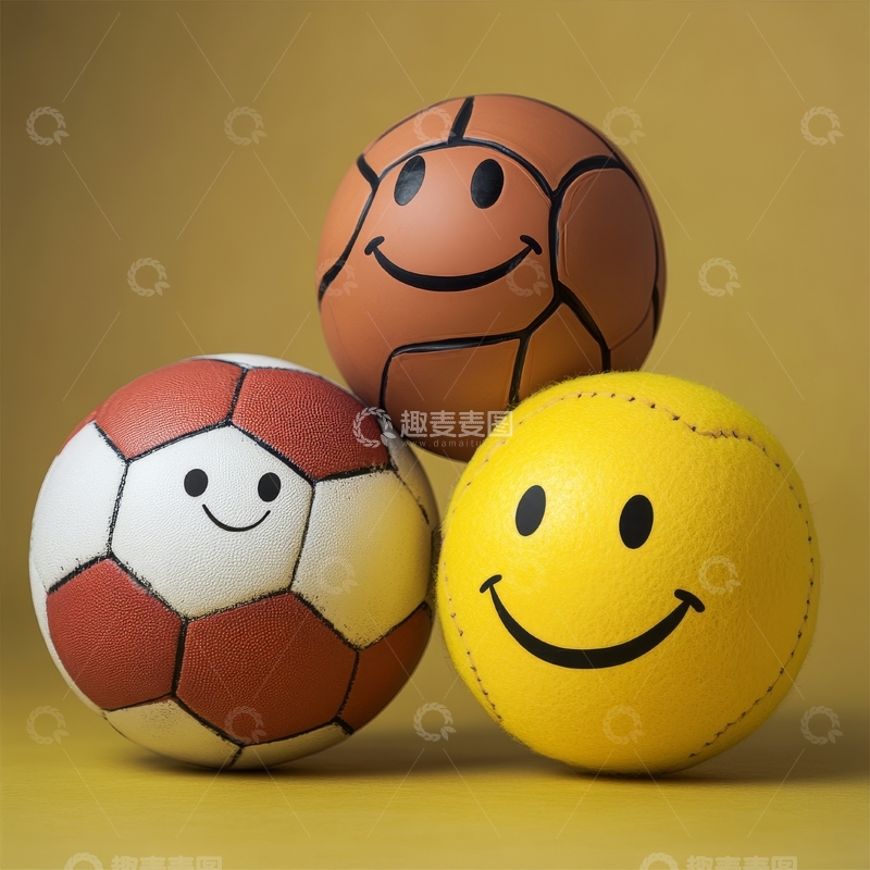 高清大图下载【趣麦麦图】带有笑脸的足球、篮球和排球