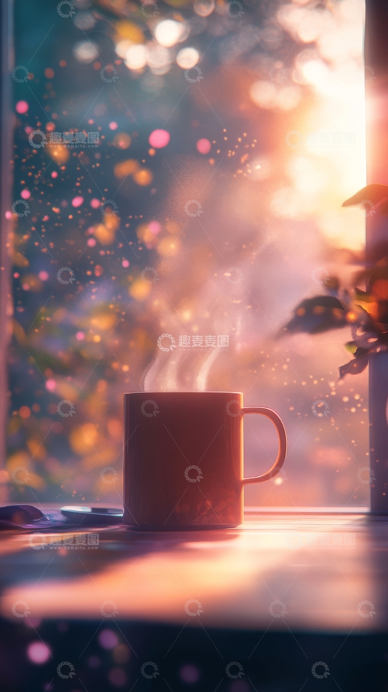 高清大图下载【趣麦麦图】窗边热饮，晨光洒落