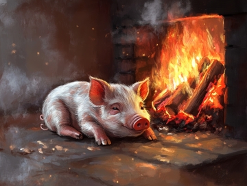 小猪在火炉旁温暖地休息