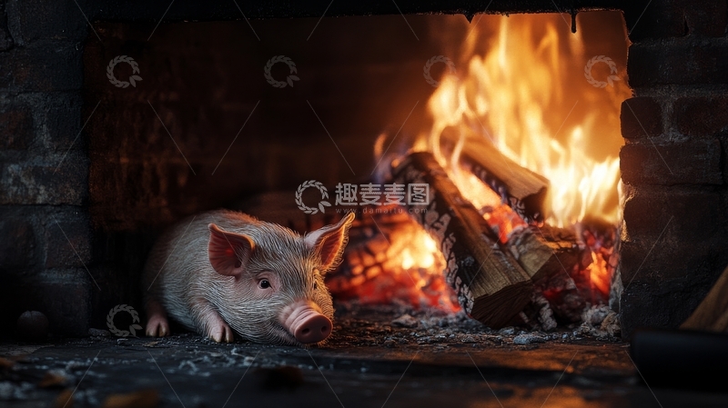 高清大图下载【趣麦麦图】小猪在温暖的壁炉旁休息