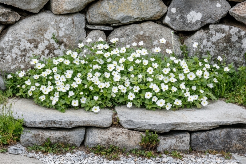 高清大图下载【趣麦麦图】石墙前的白色小花丛