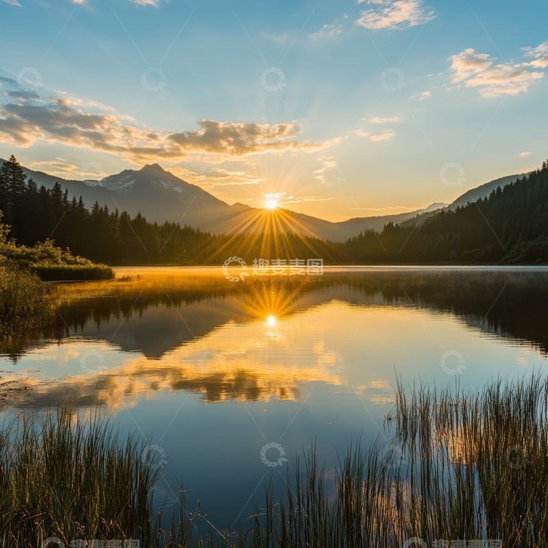 高清大图下载【趣麦麦图】湖畔日出，山影倒映