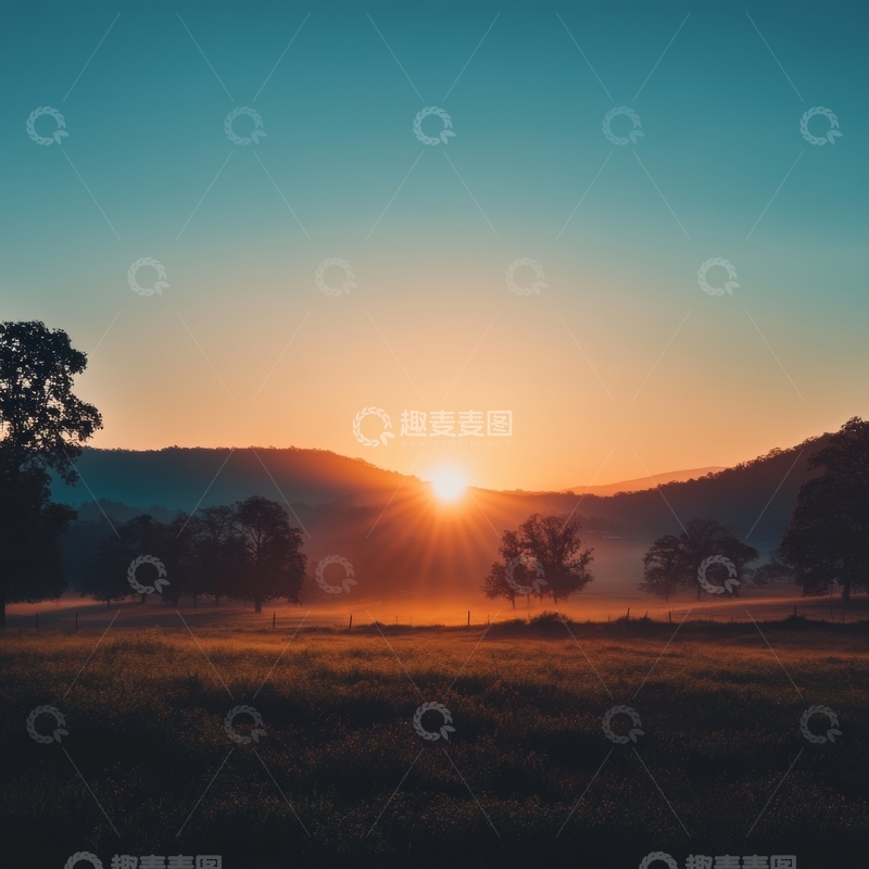 高清大图下载【趣麦麦图】日出山谷，晨光洒满田野